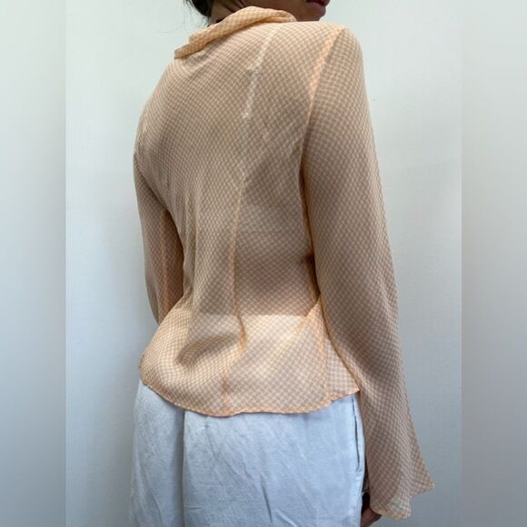 Vintage 100% Silk Sheer Peach Printed Tie Neck Long Sleeve Blouse Size M - Picture 4 of 10